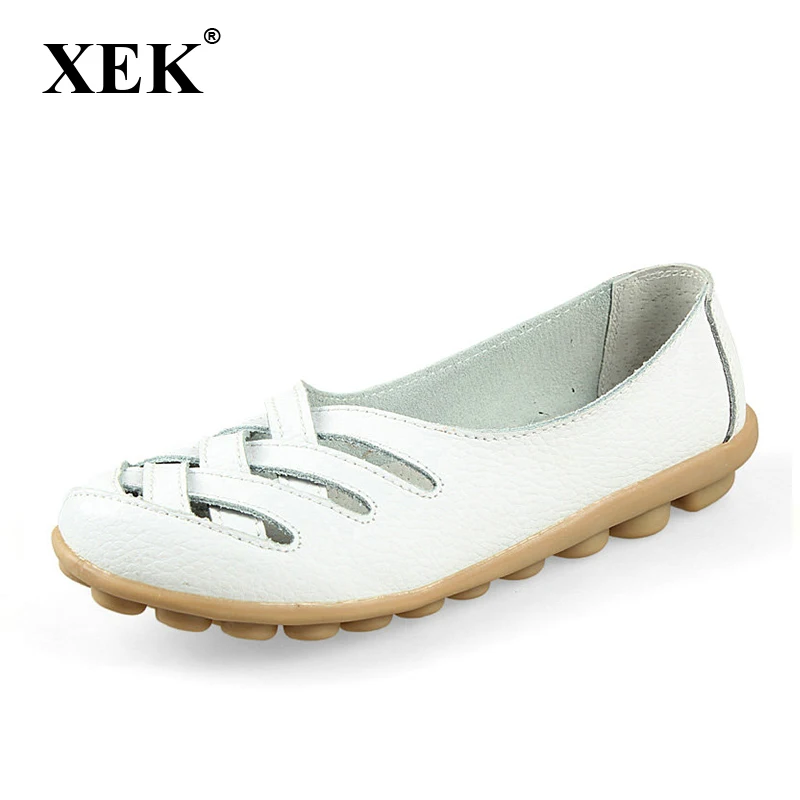 

XEK Women Sandals Summer Shoe 2018 New Female Fashion Split Leather Hollow Out Nurses Working Cow Muscle Flats Shoes