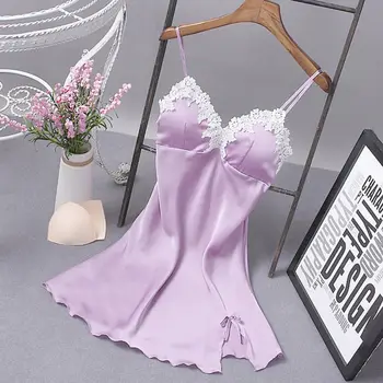 

ROPALIA Women Padded Bust Lace Floral Satin Nightgowns V-Neck Sleeveless Spaghetti Strap Nightwear