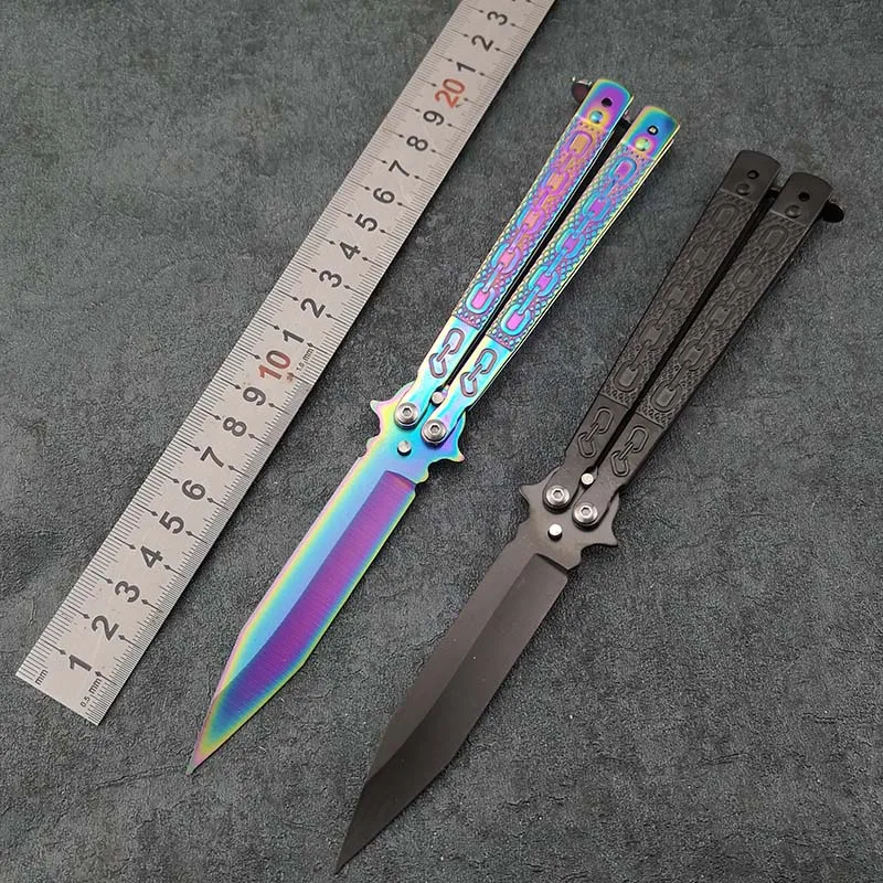 Offerte Lama tattica Catena Incidere Farfalla in Knife Coltelli Formazione Pieghevole Coltello a Farfalla Non Sharp Farfalla No Bordo Regalo di Strumenti di Pratica