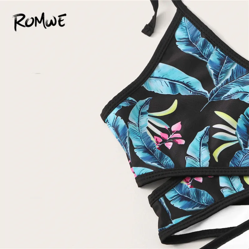 Romwe, спортивный тропический комплект бикини с бретельками, v-образный вырез, купальные костюмы с шортами, летний купальник для женщин, беспроводной купальник из 3 предметов