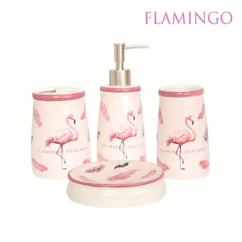 

4 PCS Ceramic Bathroom Accessories Set,Lotion Dispenser, Toothbrush Holder Tumbler and Soap Dish Pink Flamingo Housewarming gift