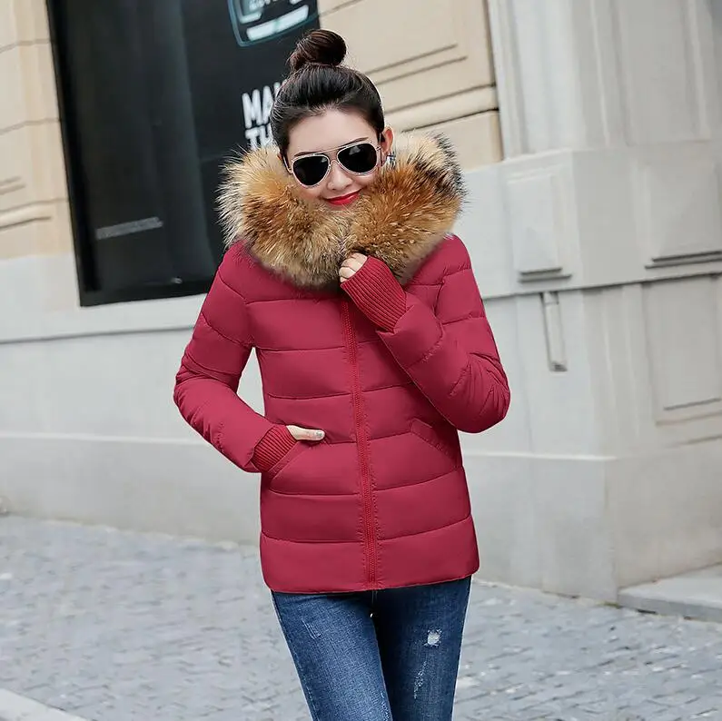 Женская теплая зимняя куртка Модные женские парки с капюшоном белый меховой воротник пуховое хлопковое пальто Высокое качество Женское зимнее пальто - Цвет: wine red 3