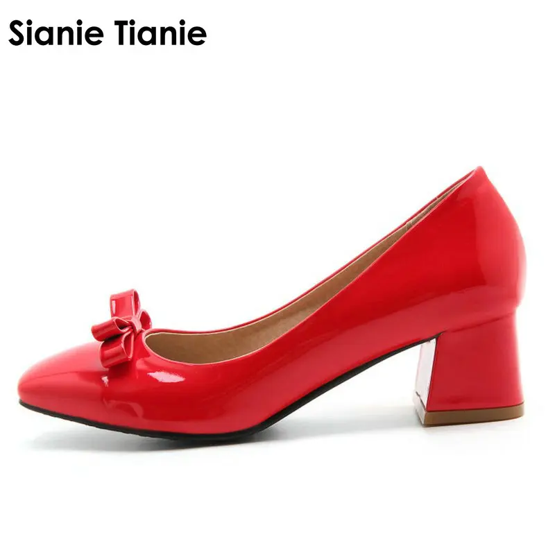 

Sianie Tianie PU Patent Leather Career Office Female Chuncky High Heels Shoes Woman Stilettos Ladies Pumps Shoes With Bowtie