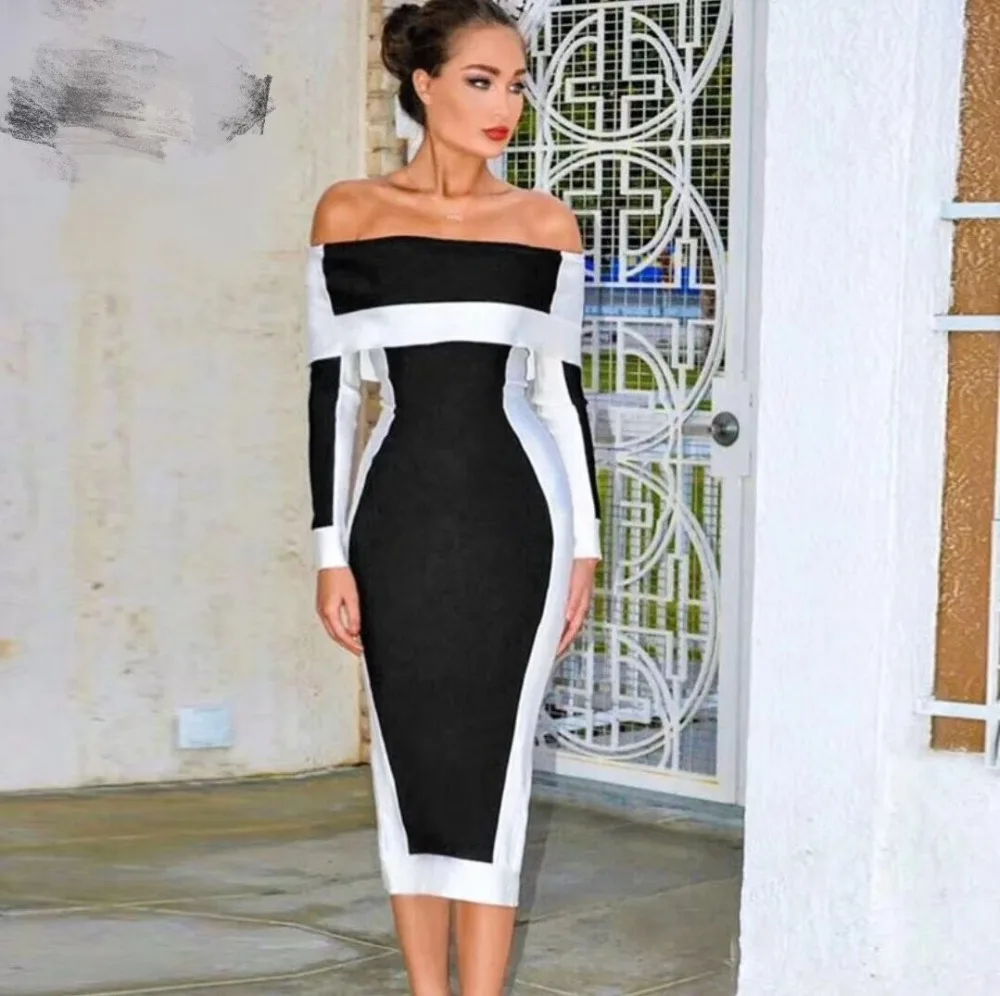 

2018 Summer Bandage Dress Sexy Black Slash Neck Knee Length Dresses Celebrity Evening Party Dress Women Vestidos