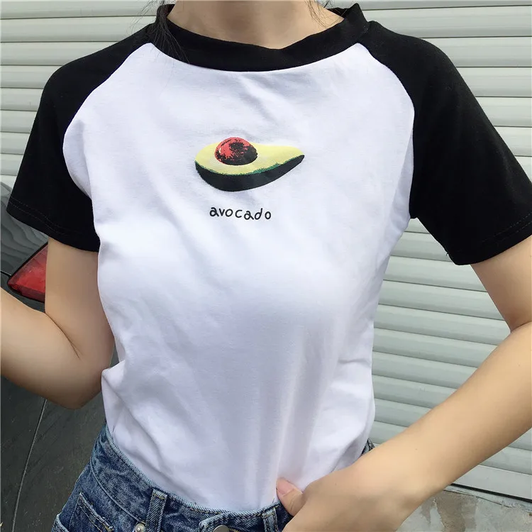 

Contrast Block Short Sleeve Avocado Fruit Graphic Print Crop Top Women Sexy Slim T Shirt Korean Cute T-Shirt Cropped Kawaii 90s
