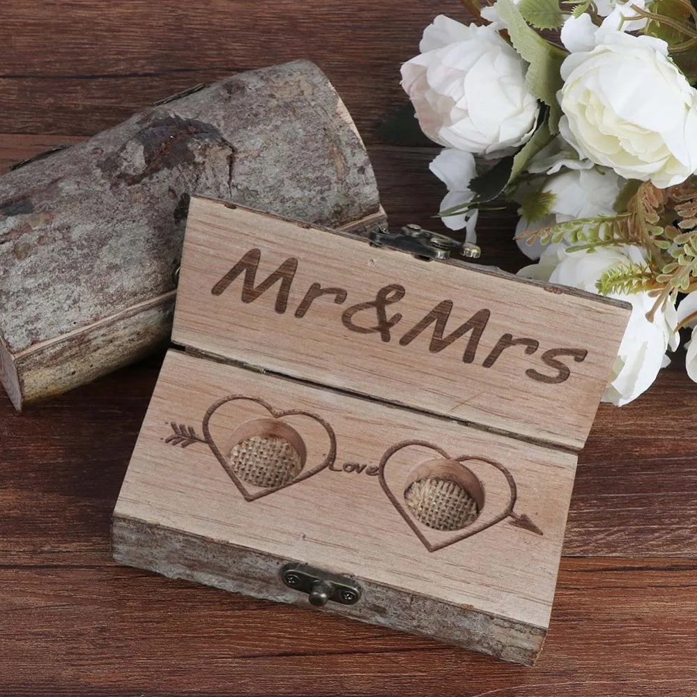 

OurWarm Wedding Ring Bearer Box Holder Wooden Engraved Engagement Ring Box with Burlap Wedding Anniversary Gift Jewelry Boxes
