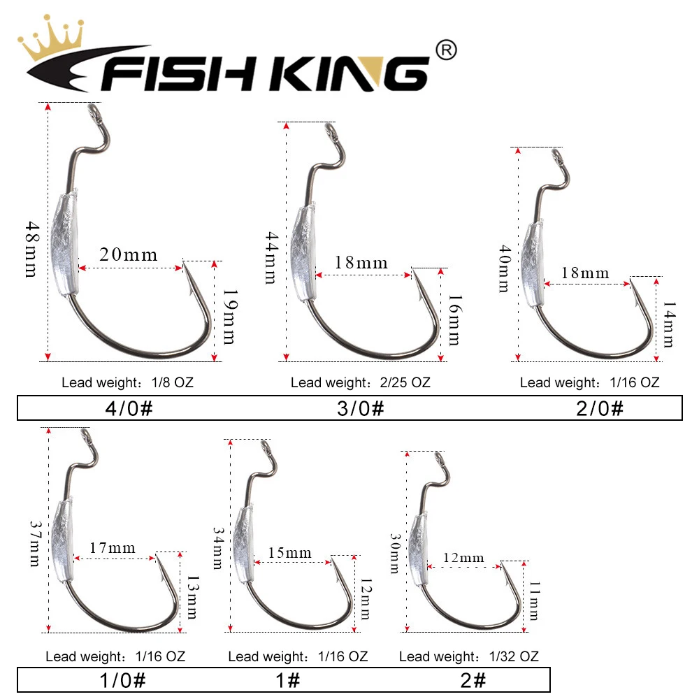 FISH KING 5pcs/pack Fishing Soft Worm Jig Lead Lure Hooks High Carbon Steel Wide Super Lock Fishhooks Lure Softjerk Hooks 2#-4/0