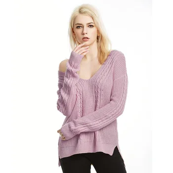 

Sexy Knitted Deep V Neck Side Slit Sweater for Women Cute Ladies Cable Knit High Low Asymmetrical Pullover Jumper Oversized S-XL