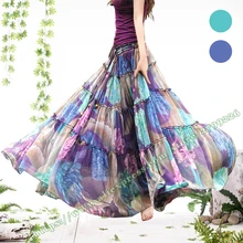 Модная летняя богемский Цыганский шифоновый фатин в стиле бохо, фиолетовая плиссированная Женская юбка с цветочным рисунком, женские юбки с лямками на плечах/Макси