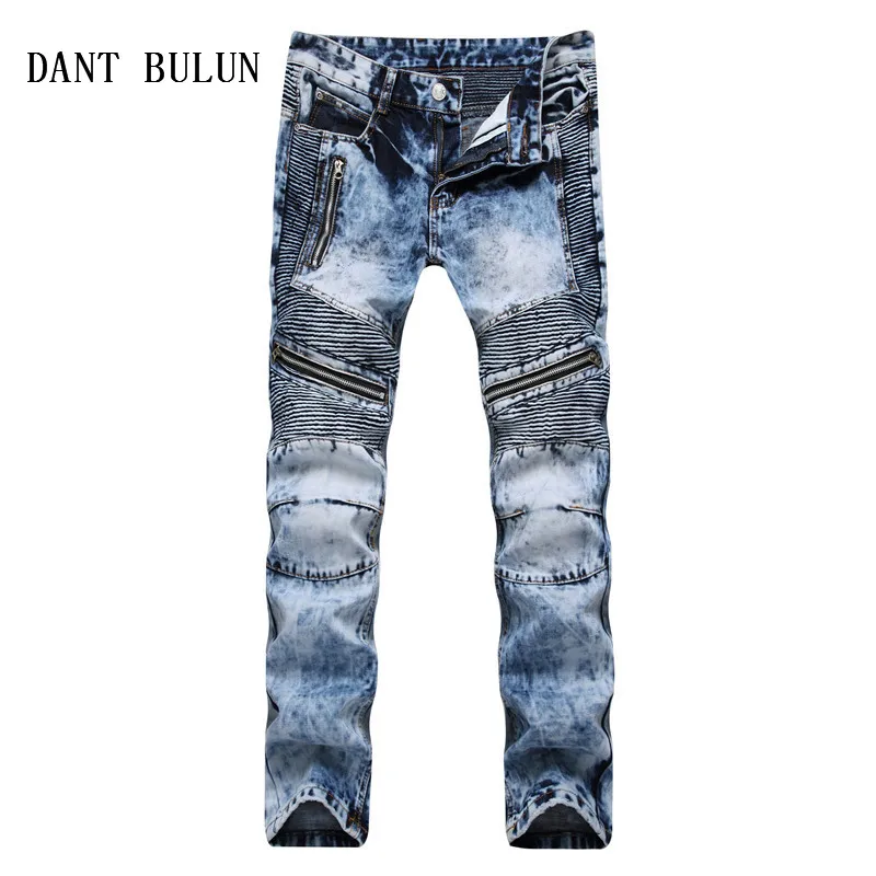 DANT BULUN Snow Wash Denim Biker Zipper Jeans Men Straight Slim Fit ...