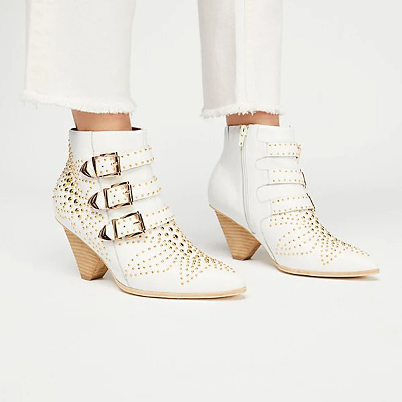 Nouveau Femmes Spike Véritable Hiver Talons Dirigeants De Beige Ladie En Rivet Bout Cheville Bottes Pointu Punk Martin Silla 2018 Cuir Zn1wxUng
