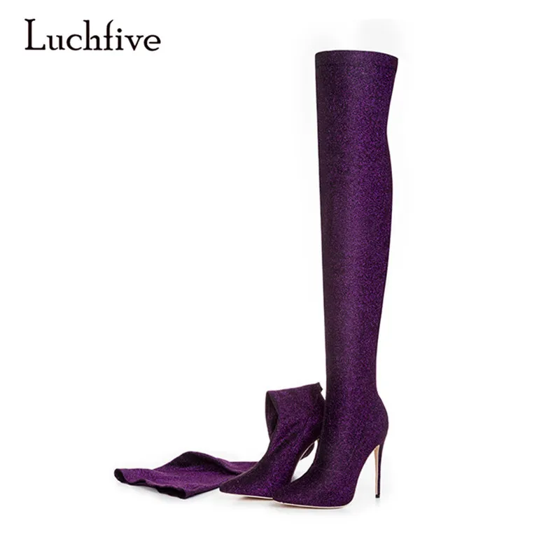 

Sequined Cloth Catwalk Stiletto Heel Over The Knee Boots Women Pointed Toe Bling Bling Sexy Party Shoes Thigh High Boots