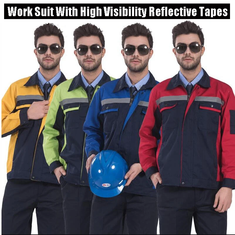 

Functional Workwear Mens Workwear Factory Uniform Suit Jacket And Pants 2 PCS Enhanced With High Visibility Reflective Tapes