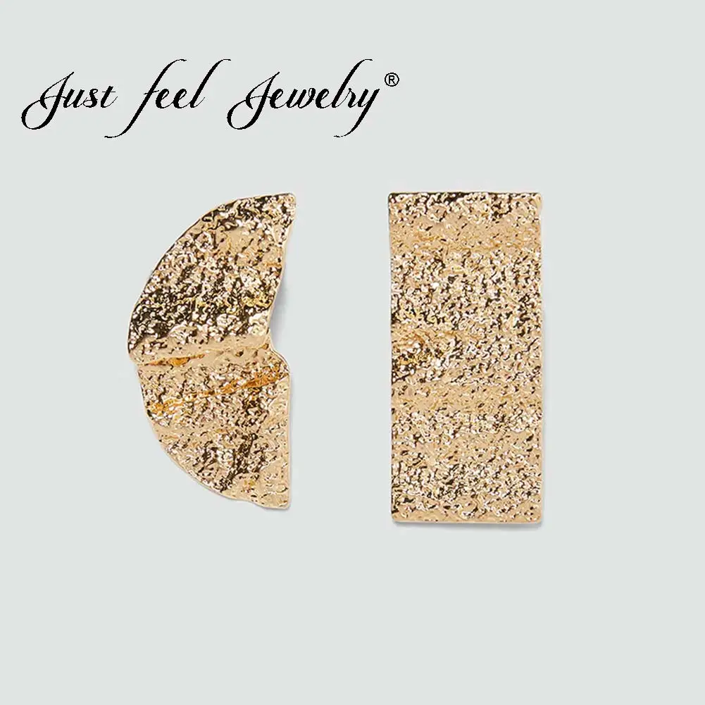 

JUST FEEL Punk ZA Gold Color Stud Earrings 2018 Female Asymmetry Long Square Sector Alloy Big Earring Fashion Jewelry For Women