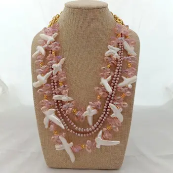

19'' 4 Strands White Cross Pearl Purple Pearl Pink Crystal Necklace