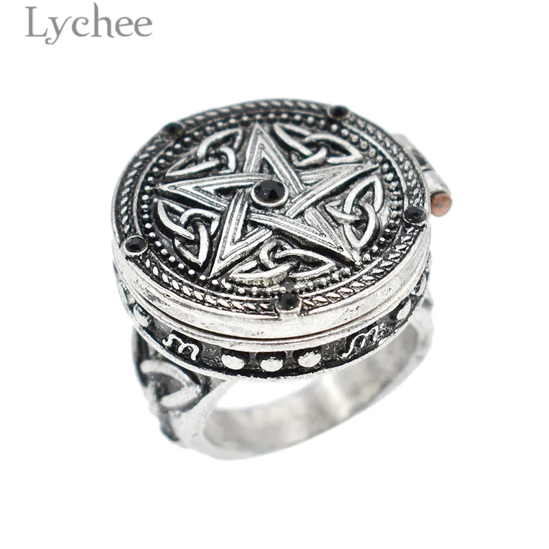 Lychee Vintage Alloy Magic Pentagram Star Unisex Ring Open Cover Antique Silver Color Ring Retro Jewelry for Men Women