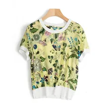 Чистый шелк трикотажные женские модные печатные свободные футболки пуловер пэчворк цвет Oneck короткий рукав M/L розничная смешанная объемная оборотная