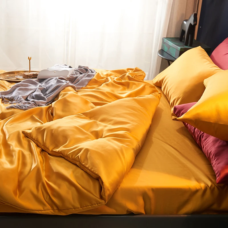 Liv-Esthete Роскошный желтый Шелковый комплект постельного белья шелковистый пододеяльник плоский лист наволочка постельное белье двойной король королева для взрослых