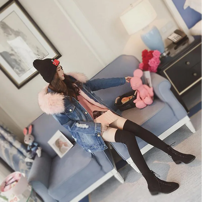 2018 Thick Blue Denim Jacket Ladies Windbreaker Female Winter Basic Women Spring Autumn Bomber Coat With Pink White Grey Fur 2018 Thick Blue Denim Jacket Ladies Windbreaker Female Winter Basic Women Spring Autumn Bomber Coat With Pink White Grey Fur