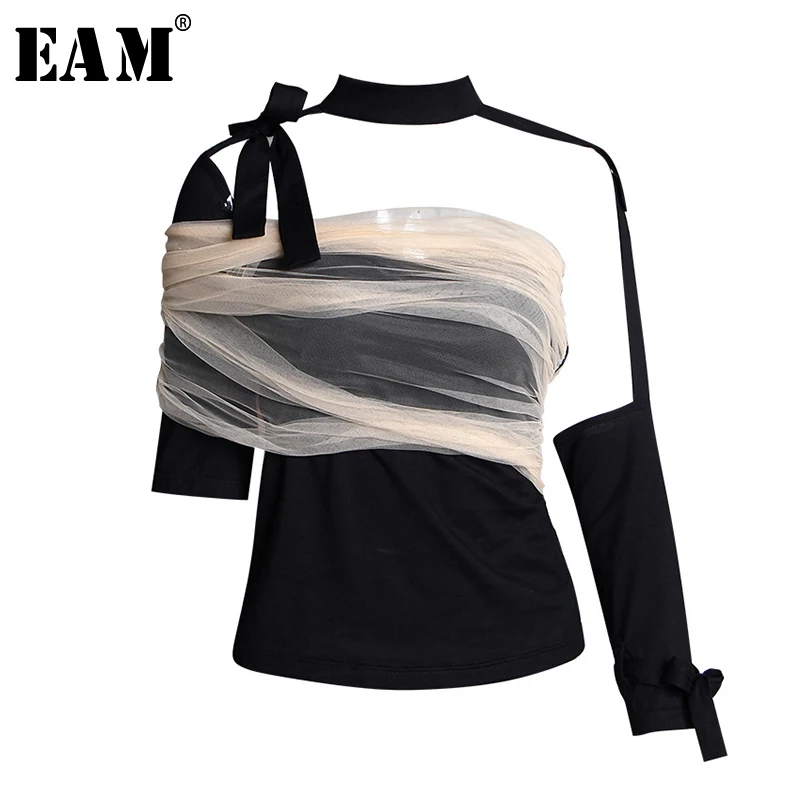 

[EAM] 2019 New Autumn Winter Stand Collar Long Sleeve Hollow Out Mesh Bandage Loose Temperament T-shirt Women Fashion Tide JW273