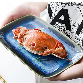 

Dinner Plate Cake Tray Ceramic Dish Rectangular Plate Pannikin Personalized Salver Blue Gray Blaze Containers Sushi Tray 1pcs