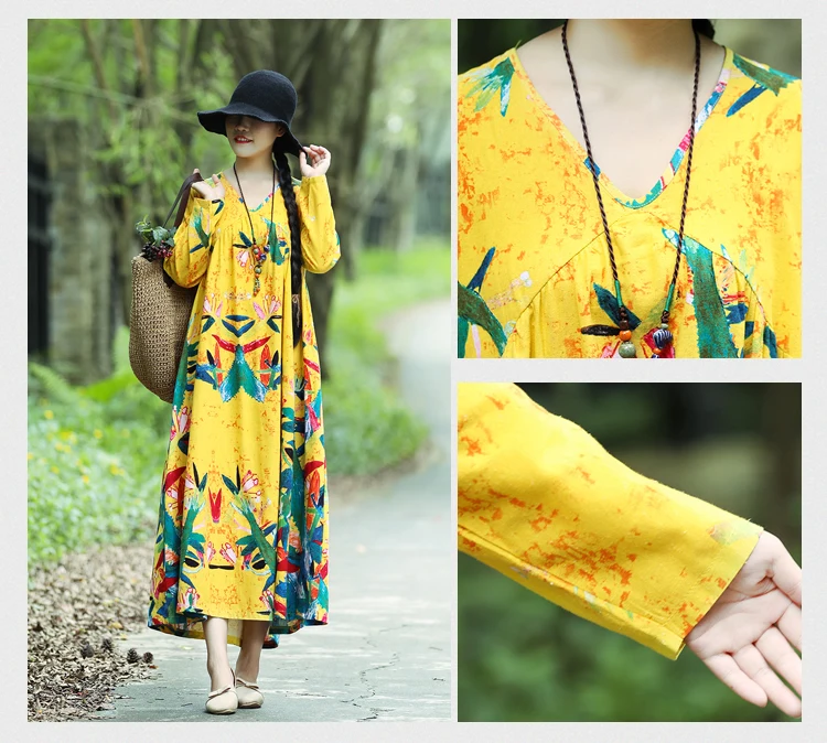 Plus Size Women Vintage Dress Summer Autumn Sundress Cotton Linen Vestidos Lady Long Dresses Print Floral Loose Casual Dress