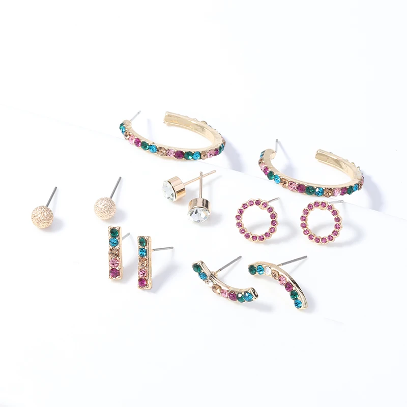 

8Seasons Fashion Multicolor Arc Round Multicolor Rhinestone Stud Earrings Women Party 6mm Dia., 28mm x 28mm, 1Set ( 6 Pairs/Set)