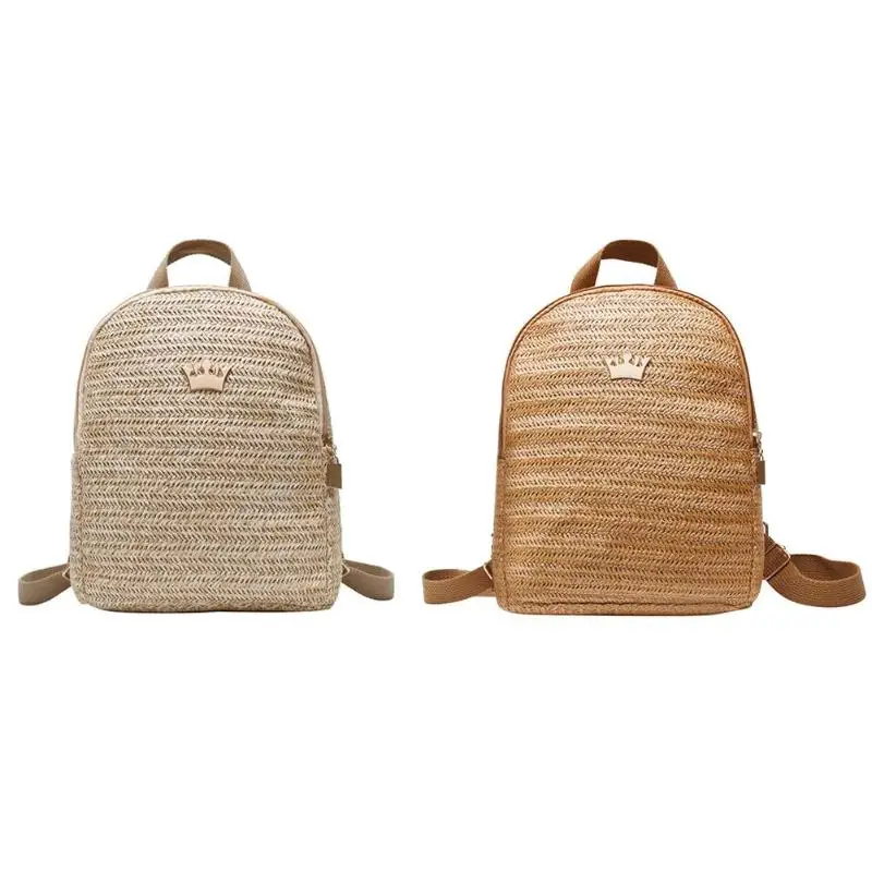 

Straw Woven Travel Backpacks Women Shoulder Schoolbags Crown Decor Knapsack