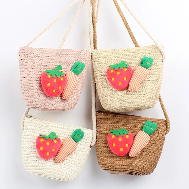 Girls Cute Strawberry Carrot Decor Straw Woven Shoulder Bag Coin