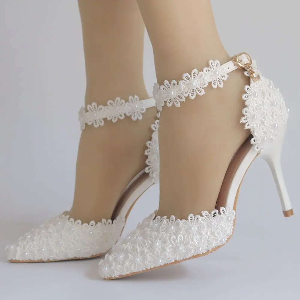 

Womens Pearls Lace Beads Stilettos High Heel Bridal Wedding Princess Pointed Toe Pumps Shoes Ankle Strap Flowers White A150