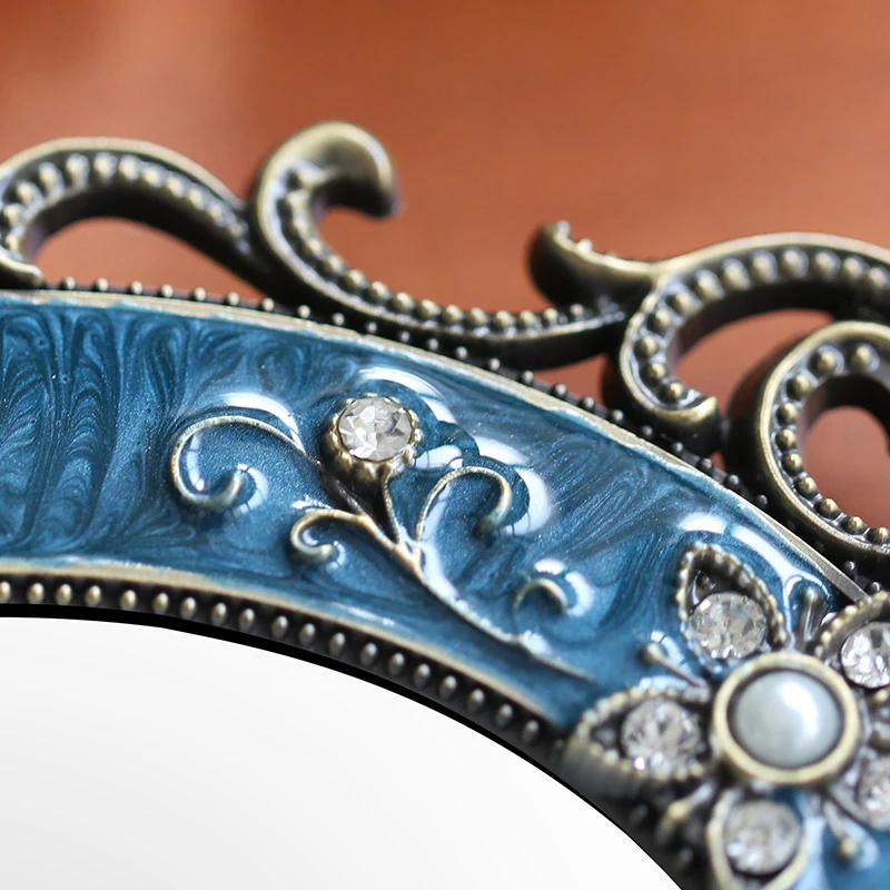 Античная латунь синий украшенный камнями 4x6 5x7 8x10 дюймов Овальный металлический сплав в рамке Настольный Декор зеркало