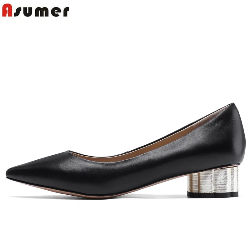

ASUMER 2019 hot sale new pumps women shoes pointed toe shallow genuine leather shoes med heels dress office shoes big size 34-43