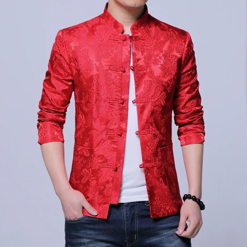 Red Jacquard Long Sleeve Jackets Men's, Chinese Retro Style Men Jacket