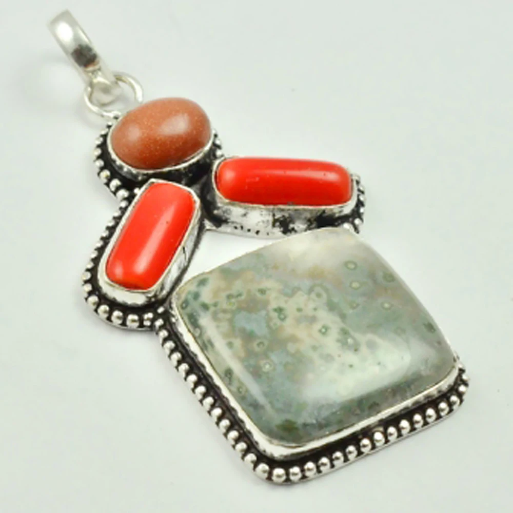 

Moss Agates & Coral Pendant Silver Overlay over Copper , 63 mm, P3032