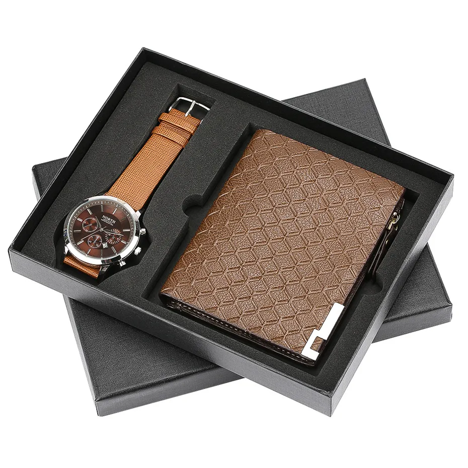 

Stripe Leather Wallets Men + Chronograph Watches Man Fashion Money Bag Luxury Watch Men Clock Gift Set Box Gifts for Male Father