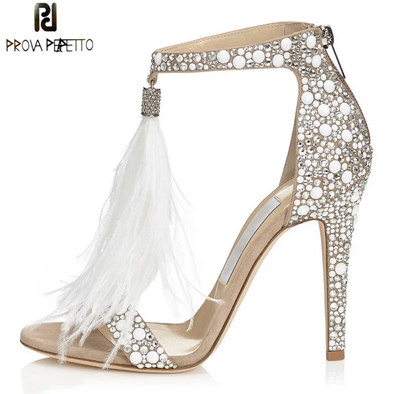 

Prova Perfetto 2018 Fashion Sequined High Heels Shoes Woman Rhinestone Wedding Shoes Summer Peep Toe Feather High Heels Sandals