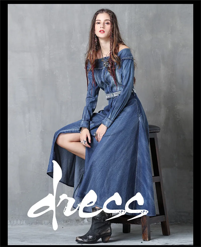 Spring Vestido Women Dress 2019 Vintage Off Shoulder Denim Dresses Slash Neck A-line Single Breasted Embroidery Belt Vestidos (1)