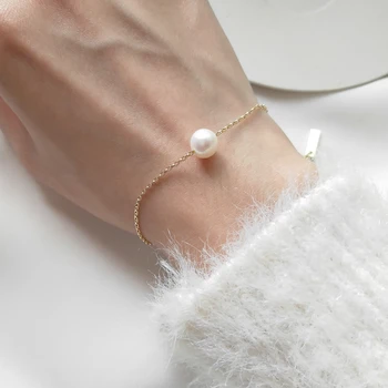 

18K Gold Over 925 Sterling Silver Perfect Round White Pearl Bracelet Love Engagement Jewelry Girl Wedding Bridal Bracelets Gifts