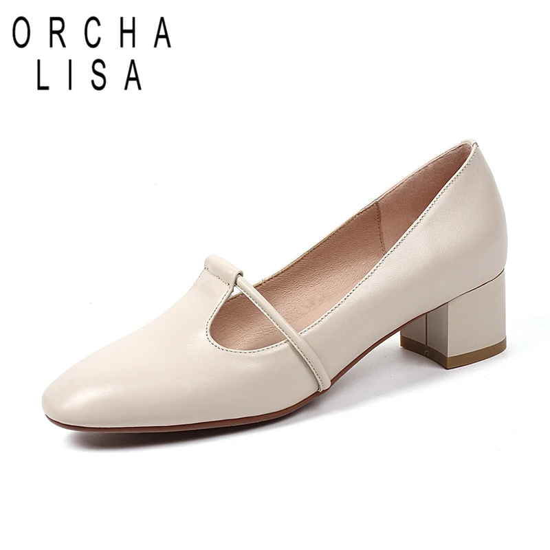 

ORCHA LISA Hamdmade Woman Shoes Genuine Leather Low Heels Women Pumps Block heel Women's Work shoes Pointed Toe Shoes Beige C994