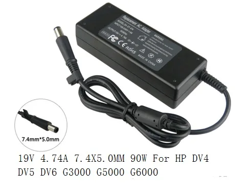 19 В 4.74a 7.4x5.0 мм 90 Вт для HP DV3 dv4 dv5 dv6 g3000 g5000 G6000 G7000 ноутбука батарея Зарядное устройство Адаптеры питания