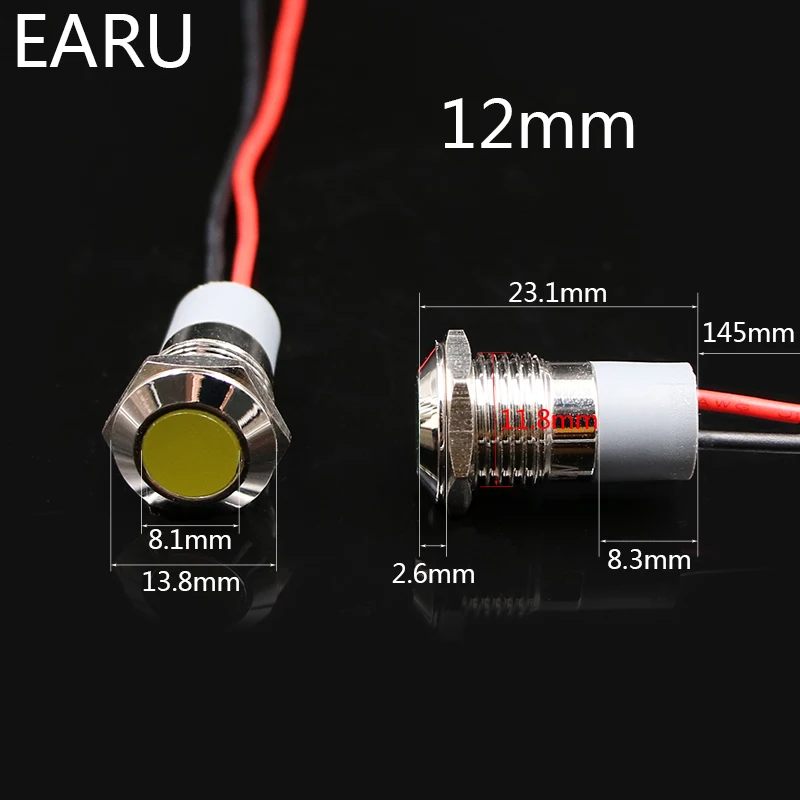 12 мм Водонепроницаемый IP67 светодиодный металлический Предупреждение сигнальная светового Индикатора лампы Пилот+ провод 3 V 5 V 6 в, 12 В, 24 В постоянного тока, 110 V 220 V красный цвет желтый, синий; размеры 34–43 зеленый