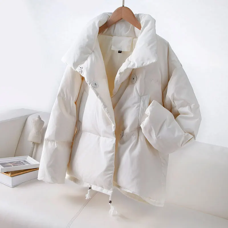 Зимнее женское пальто, модная куртка на гусином пуху, зимняя куртка, женское пуховое пальто, женская зимняя теплая одежда, короткая верхняя одежда - Цвет: Бежевый