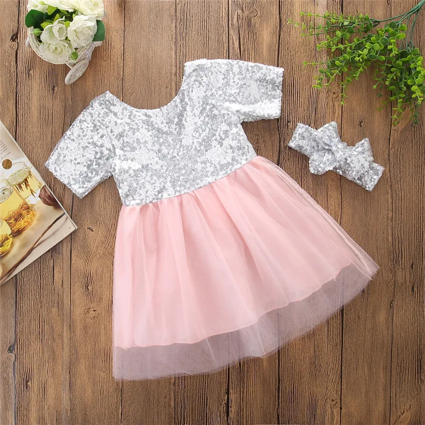 2019 kid dresses Sequins summer children clothing cute baby girl patry birthday costume short sleeve dress+headband 2 pieces set