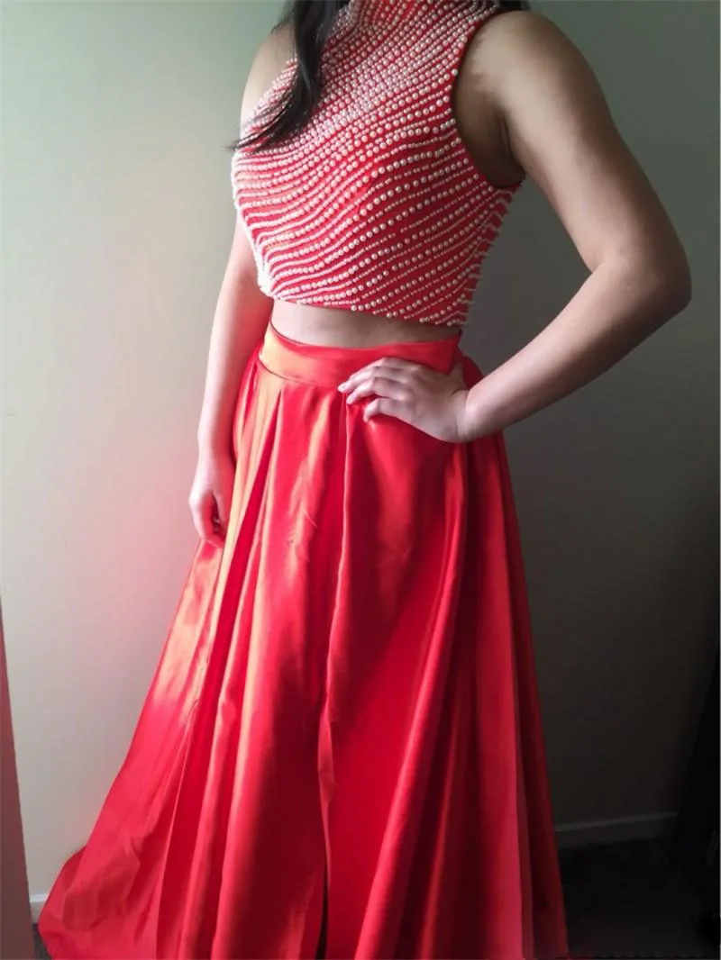 Robe De Soiree 2017 Gorgeous Pearl Two Pieces Prom Dresses Beaded Long Satinline High Neck Sleeveless Evening Dress Real Sample