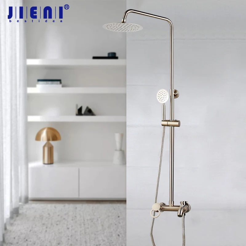 

JIENI Rainfall Nickel Brushed Shower Faucet Cold Hot Water Mixer Adjustable Rain Hand Shower Bar Wall Mounted Shower Set