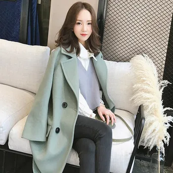 

New Autumn Winter Women Coat Plus Size Casual Loose Solid Double Breasted Cocoon Style Woolen Blends Coat For Women Outerwear