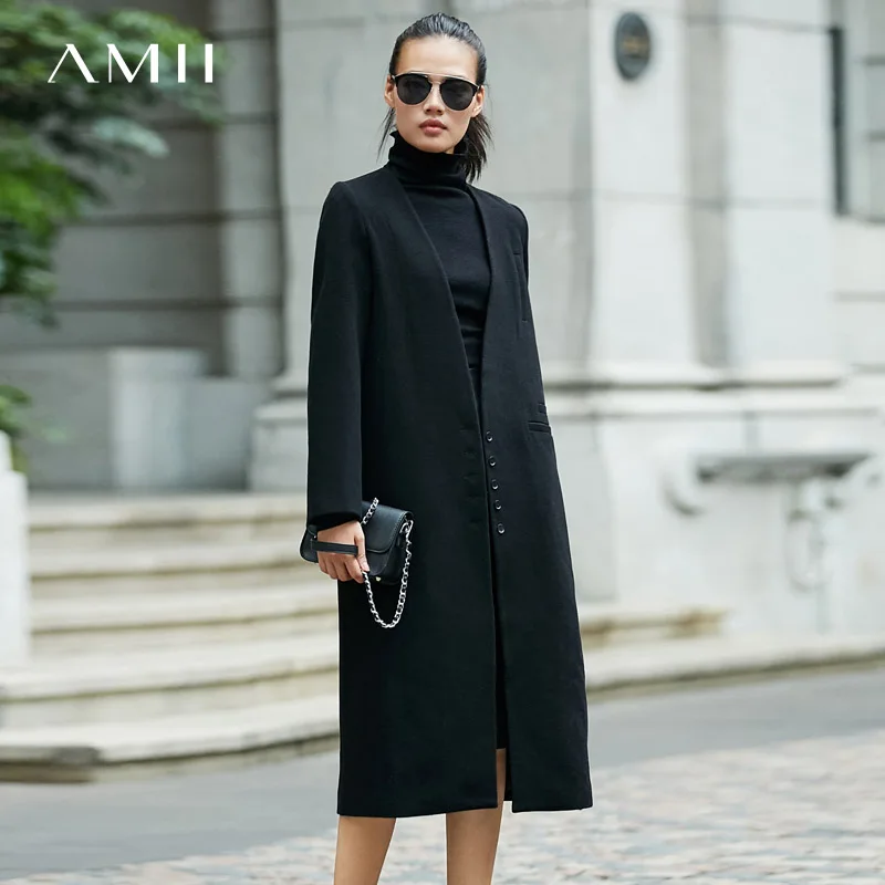 

Amii Minimalist V - Neck Wool Jacket Wom 2018 Winter New Solid Single Breasted Vintage Female Long Wool Jacket