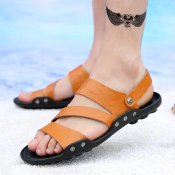 

2019 Summer Big Size Men's Sandals Fashion Genuine Leather Sandals Beach Shoes Mens Casual Slippers Non-Slip Flip Flop Flats