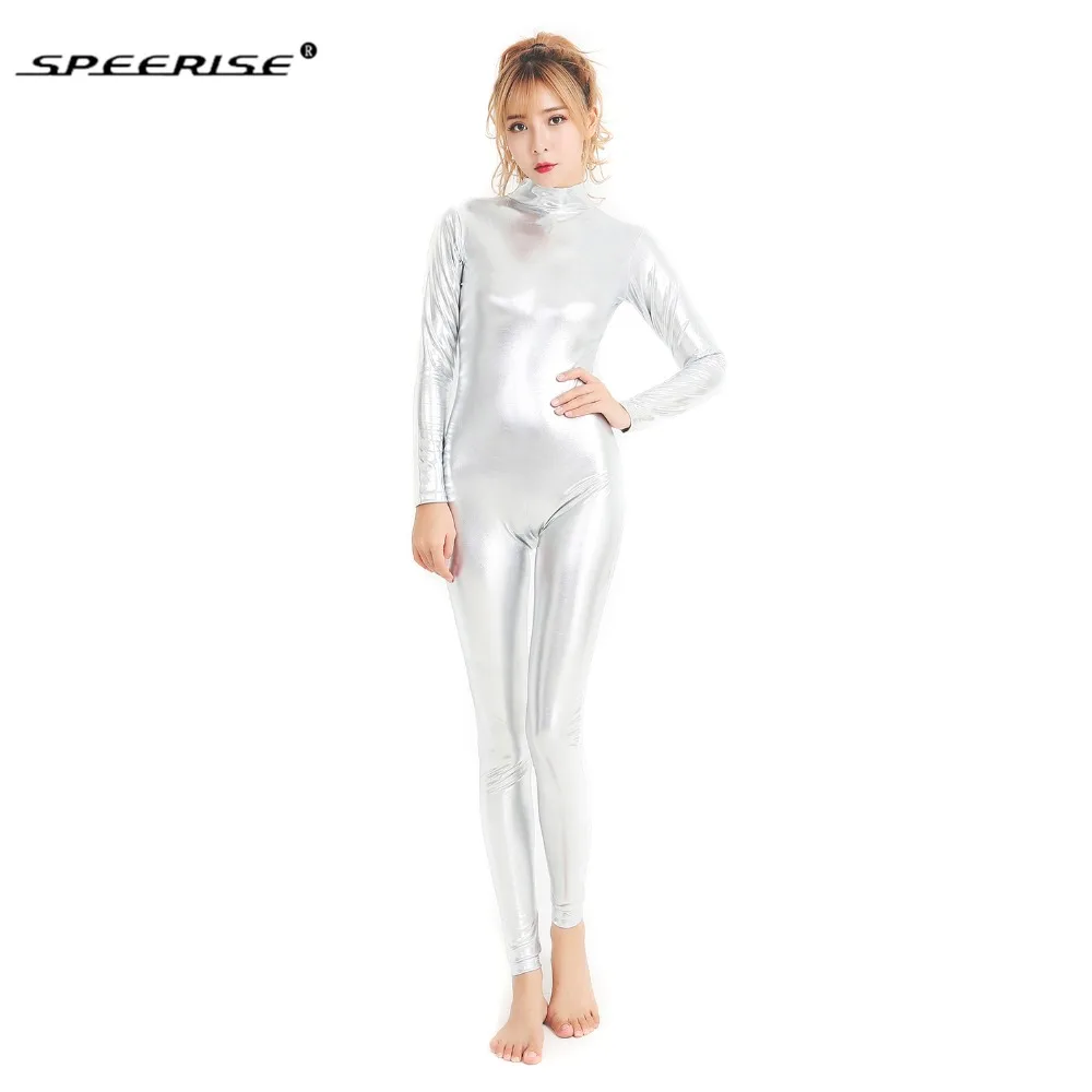 

SPEERISE Women Silver Metallic Catsuits Long Sleeve Unitards Full Body Zentai Lycra Spandex Dance Gymnastic Stagewear Unitard