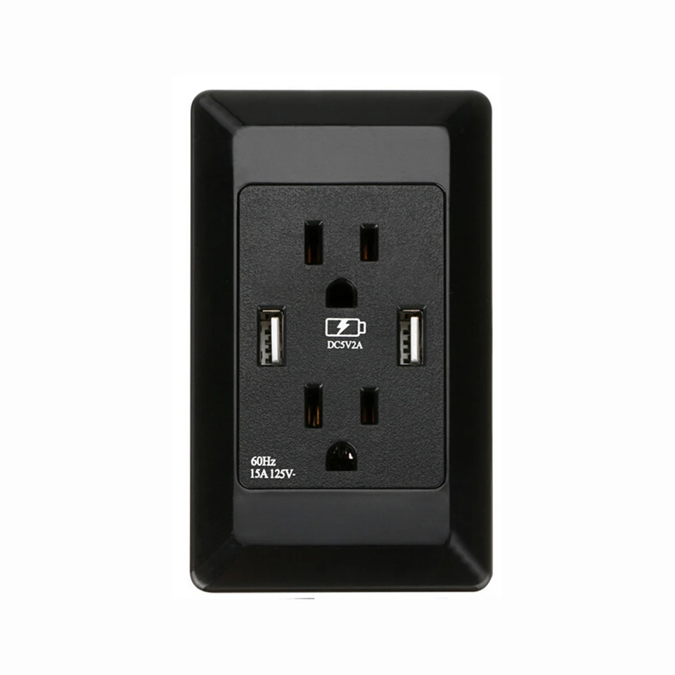 

American Standard USB Wall Socket,Double USB Dual Three-hole US Plug Port Power Adapter Outlets,125 V,PC Panel Black